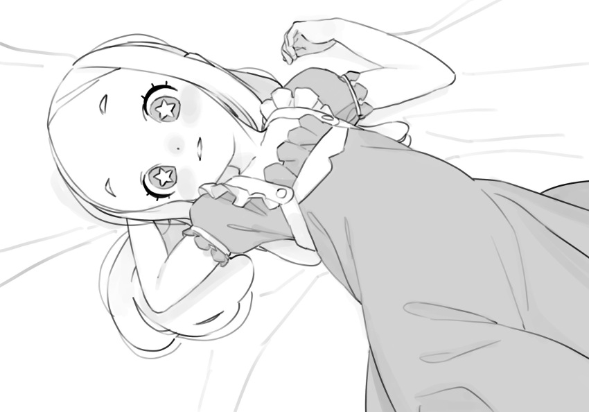 1girl blush dress forehead greyscale highres long_hair looking_at_viewer lying monochrome on_back original parted_bangs parted_lips ryo_chimo short_eyebrows short_sleeves solo star_(symbol) star_in_eye symbol_in_eye