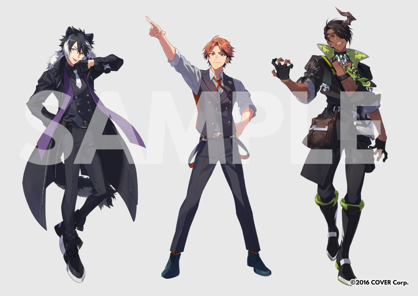 &gt;:) 3boys :d :p abs animal_ears animal_print ankle_boots aragami_oga arm_up belt belt_pouch black_belt black_coat black_footwear black_gloves black_hair black_pants black_shirt black_vest boots brown_vest buttons chest_guard claw_pose closed_mouth coat collar collared_shirt copyright_notice curtained_hair dark-skinned_male dark_skin demon_horns double-breasted earrings eyepatch full_body fur-trimmed_coat fur_trim gloves green_eyes grey_background grey_shirt hair_between_eyes hair_over_one_eye half_gloves hand_on_own_hip hand_up heterochromia high_collar holostars horns jackal_boy jackal_ears jackal_tail jewelry kageyama_shien knee_boots lapel_pin legs_apart looking_at_viewer male_focus mole mole_under_eye multicolored_hair multiple_boys neck_ribbon necktie official_art open_clothes open_coat open_shirt orange_eyes orange_hair orange_socks overcoat oxfords pants parted_bangs partially_fingerless_gloves pectoral_cleavage pectorals pointing pouch ribbon sample_watermark sharp_teeth shirt short_hair simple_background single_earring single_horn sleeves_rolled_up smile socks standing stole streaked_hair tail teeth thigh_pouch tiger_print toned toned_male tongue tongue_out two-tone_hair v-shaped_eyebrows vest violet_eyes virtual_youtuber watermark white_hair white_necktie xia_(ryugo) yellow_eyes yukoku_roberu