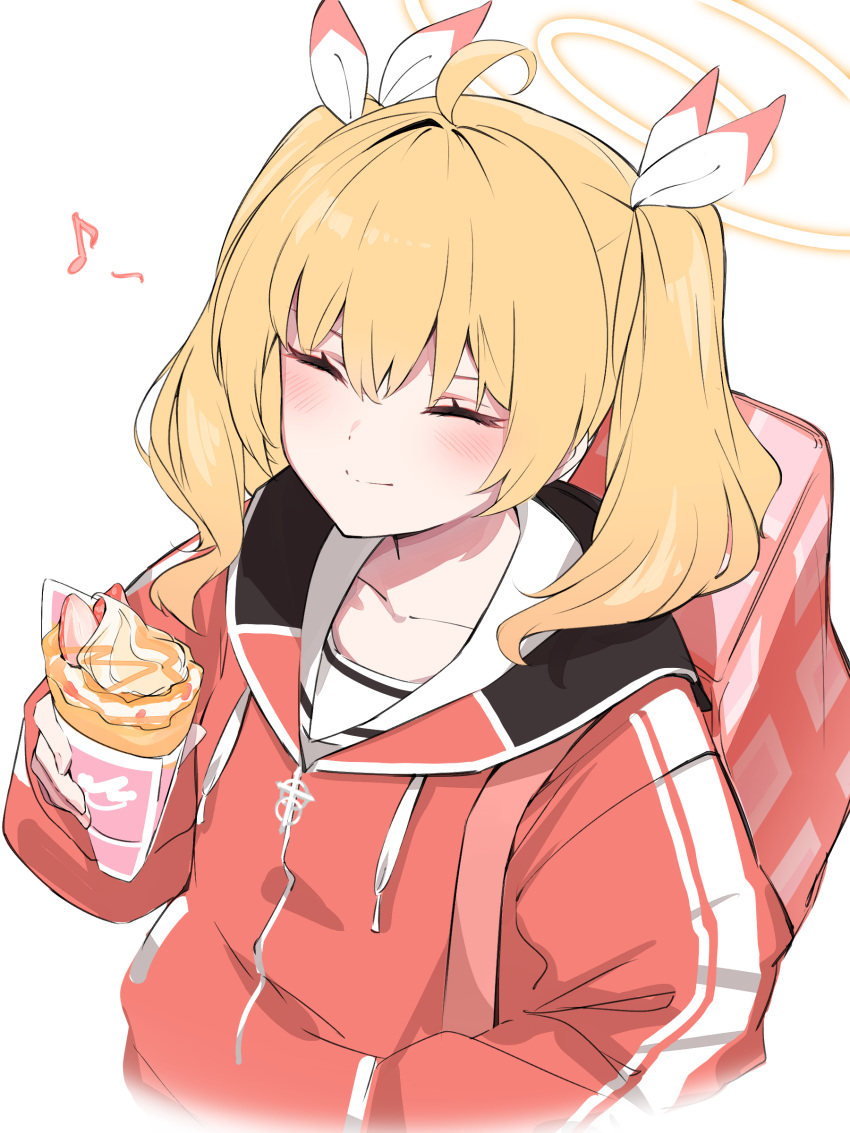 1girl absurdres blonde_hair blue_archive blush closed_eyes closed_mouth crepe eighth_note exiadoon food halo highres holding holding_food jacket long_hair long_sleeves musical_note red_jacket simple_background smile solo twintails upper_body white_background yellow_halo yoshimi_(blue_archive)