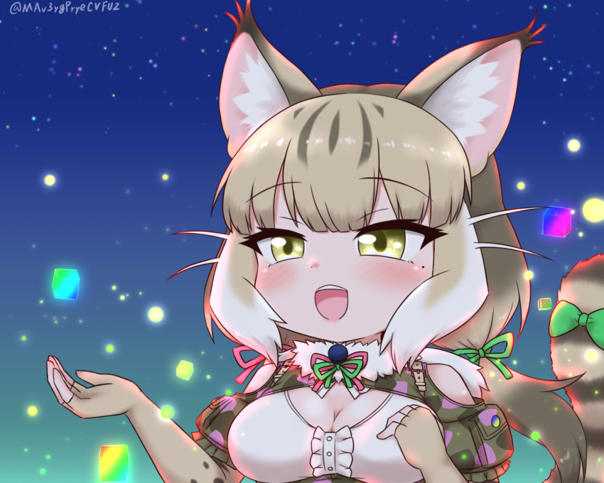1girl animal_ears bare_shoulders camouflage cat_ears cat_girl cat_tail elbow_gloves extra_ears fingerless_gloves gloves green_eyes grey_hair highres jacket jungle_cat_(kemono_friends) kemono_friends kemono_friends_v_project long_hair mabuta_(mbt) microphone night night_sky ribbon shirt sky solo star_(sky) starry_sky tail upper_body virtual_youtuber