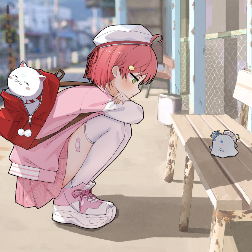 1girl 35p_(sakura_miko) ahoge ai_(u_e_o_o) backpack bag bandaid_on_thigh bench beret blush cat_hair_ornament closed_mouth full_body ghost green_eyes hair_ornament hairclip hat highres hololive hoshimachi_suisei jacket jitome letterman_jacket long_sleeves looking_at_creature miniskirt official_alternate_costume official_alternate_hair_length official_alternate_hairstyle outdoors pink_footwear pink_hair pink_jacket pink_skirt plaid plaid_skirt platform_footwear pleated_skirt raglan_sleeves red_bag sakura_miko sakura_miko_(school_uniform) school_uniform shoes short_hair skirt sneakers squatting virtual_youtuber white_headwear white_sleeves