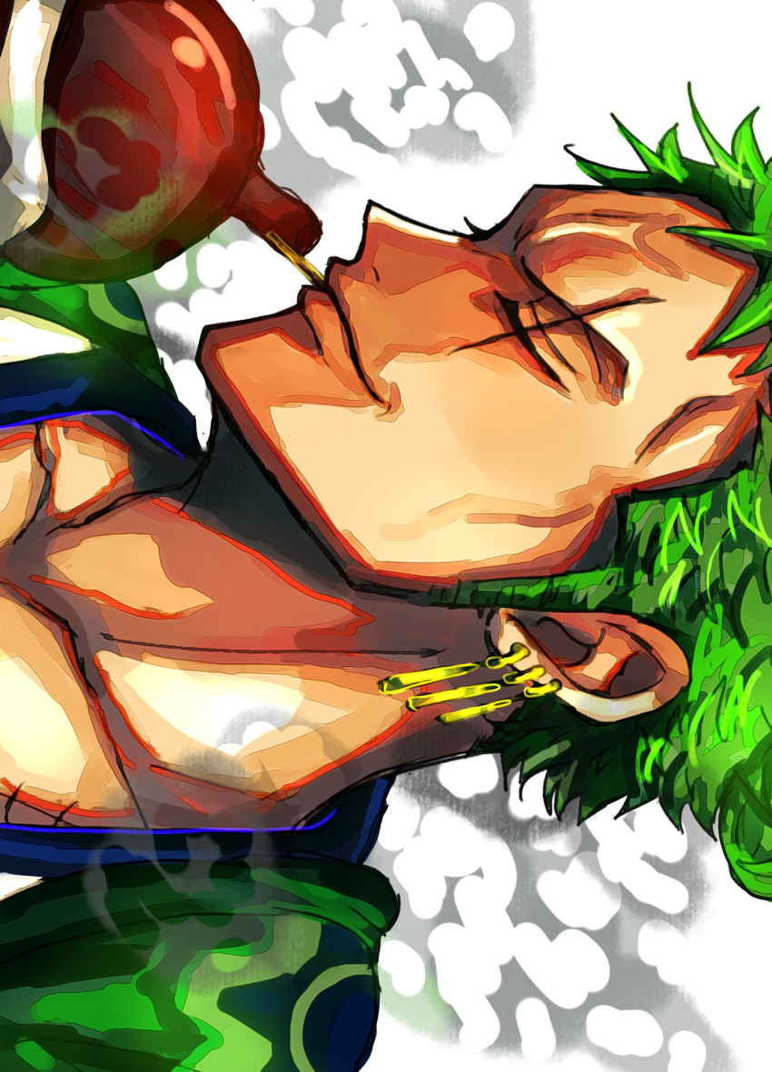 1boy a00xm drinking earrings green_hair highres japanese_clothes jewelry kimono looking_ahead male_focus official_alternate_costume one_piece portrait roronoa_zoro scar scar_across_eye short_hair sideways smile solo