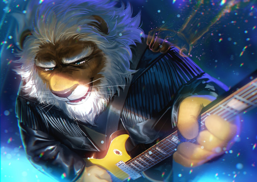 1boy animal_ears black_jacket blue_eyes clay_calloway english_commentary fangs from_above furry furry_male ghost_hands guitar hand_on_another's_shoulder highres holding holding_guitar holding_instrument instrument jacket leather leather_jacket lion_boy lion_ears lion_mane male_focus music nviek5 old old_man open_mouth sing_(movie) sing_2 singing