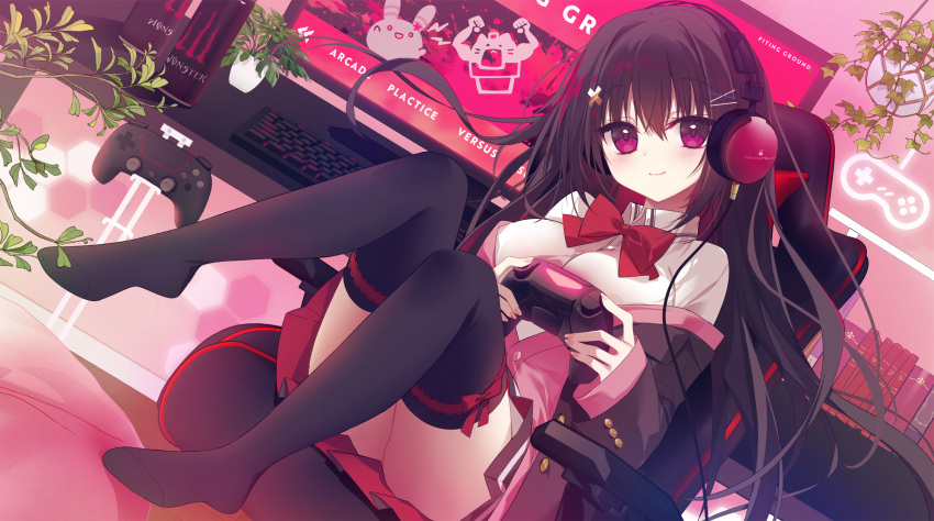 1girl black_hair blush book breasts chair closed_mouth commentary copyright_request desktop energy_drink english_text hair_ornament headband highres large_breasts looking_at_viewer matsumiya_kiseri no_shoes plant playing_games red_eyes ribbon sitting smile solo table thigh-highs