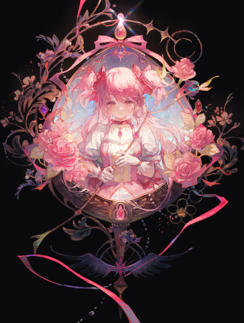 1girl absurdres black_background branch choker closed_mouth commentary_request cover dress flower gloves hair_ribbon highres holding holding_branch kaname_madoka long_hair looking_at_viewer maccha_(mochancc) magical_girl mahou_shoujo_madoka_magica pink_dress pink_eyes pink_flower pink_gemstone pink_hair pink_ribbon pink_rose puffy_short_sleeves puffy_sleeves red_choker ribbon ribbon_choker rose short_sleeves smile solo soul_gem two_side_up very_long_hair white_gloves