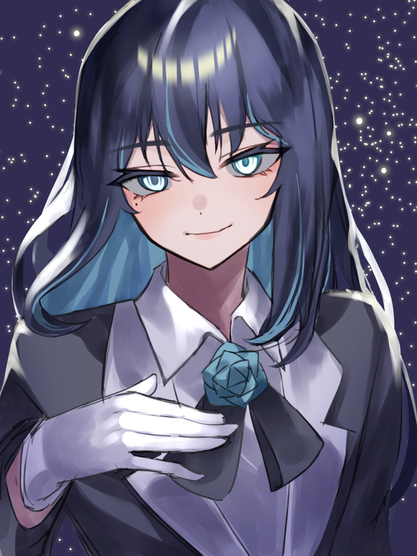 1girl absurdres ado_(utaite) black_bow black_bowtie black_hair black_jacket blue_eyes blue_flower blue_hair blue_rose bow bowtie chando_(ado) closed_mouth cloud_nine_inc collared_shirt colored_inner_hair commentary flower flower_brooch gloves hair_between_eyes hand_on_own_chest highres jacket light_particles long_hair long_sleeves looking_at_viewer mole mole_under_eye multicolored_hair rose shirt sidelocks solo tsukuno_tsuki upper_body utaite white_gloves white_shirt