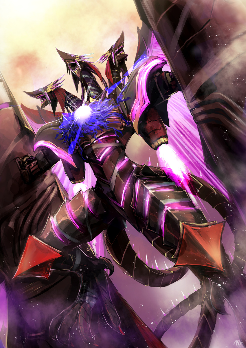 152_in_can 1boy absurdres armor claws dragon dragon_horns dragon_tail dragon_wings fate/grand_order fate_(series) highres horns multiple_heads open_mouth pink_eyes rocket shoulder_armor simple_background solo tail wings