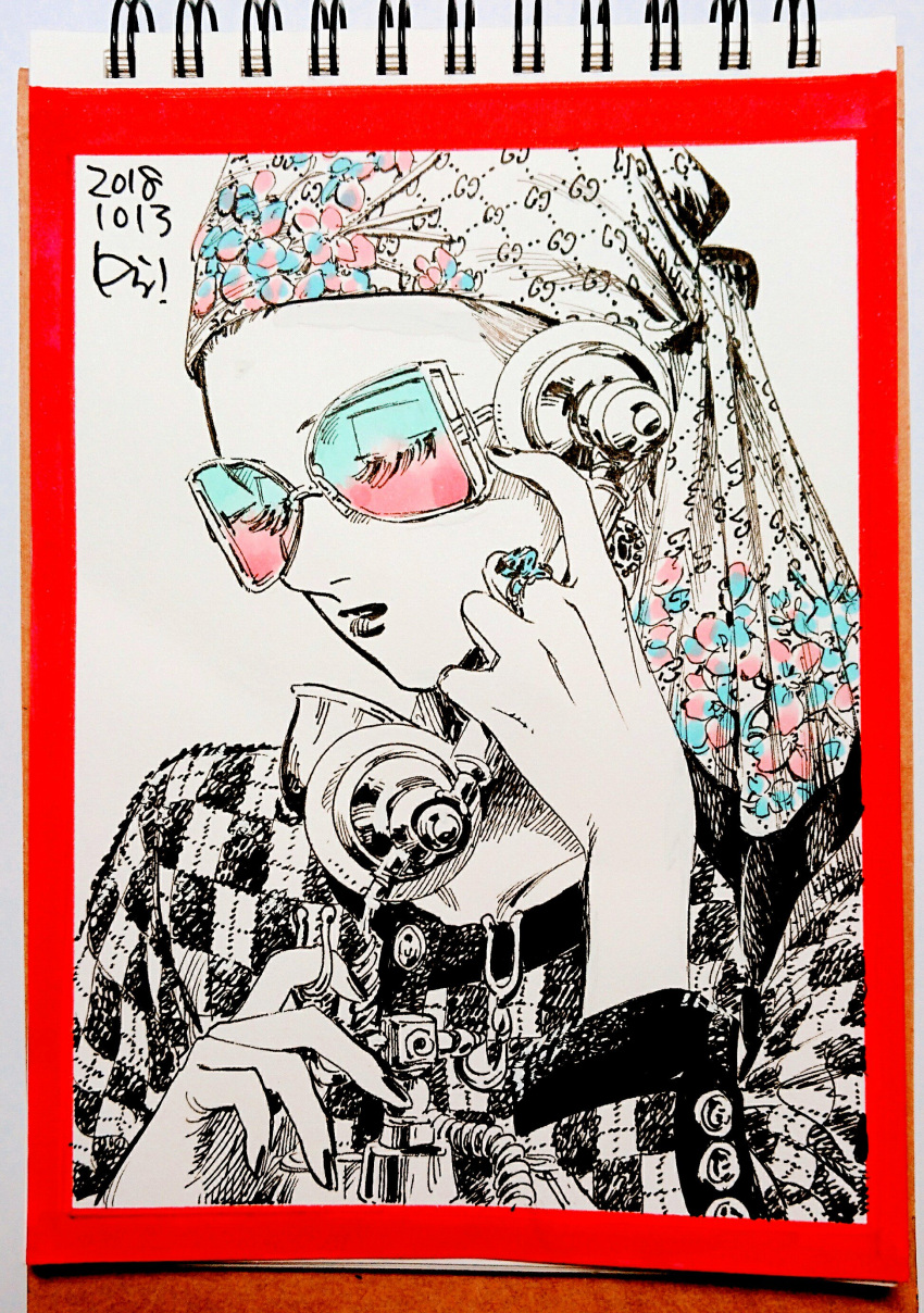 1girl absurdres antique_phone bandana border buttons close-up closed_eyes commentary corded_phone dated earrings emma_(veil) english_commentary eyelashes highres holding holding_phone jacket jewelry kotteri partially_colored phone profile red_border ring rotary_phone simple_background solo sunglasses upper_body veil_(manga)