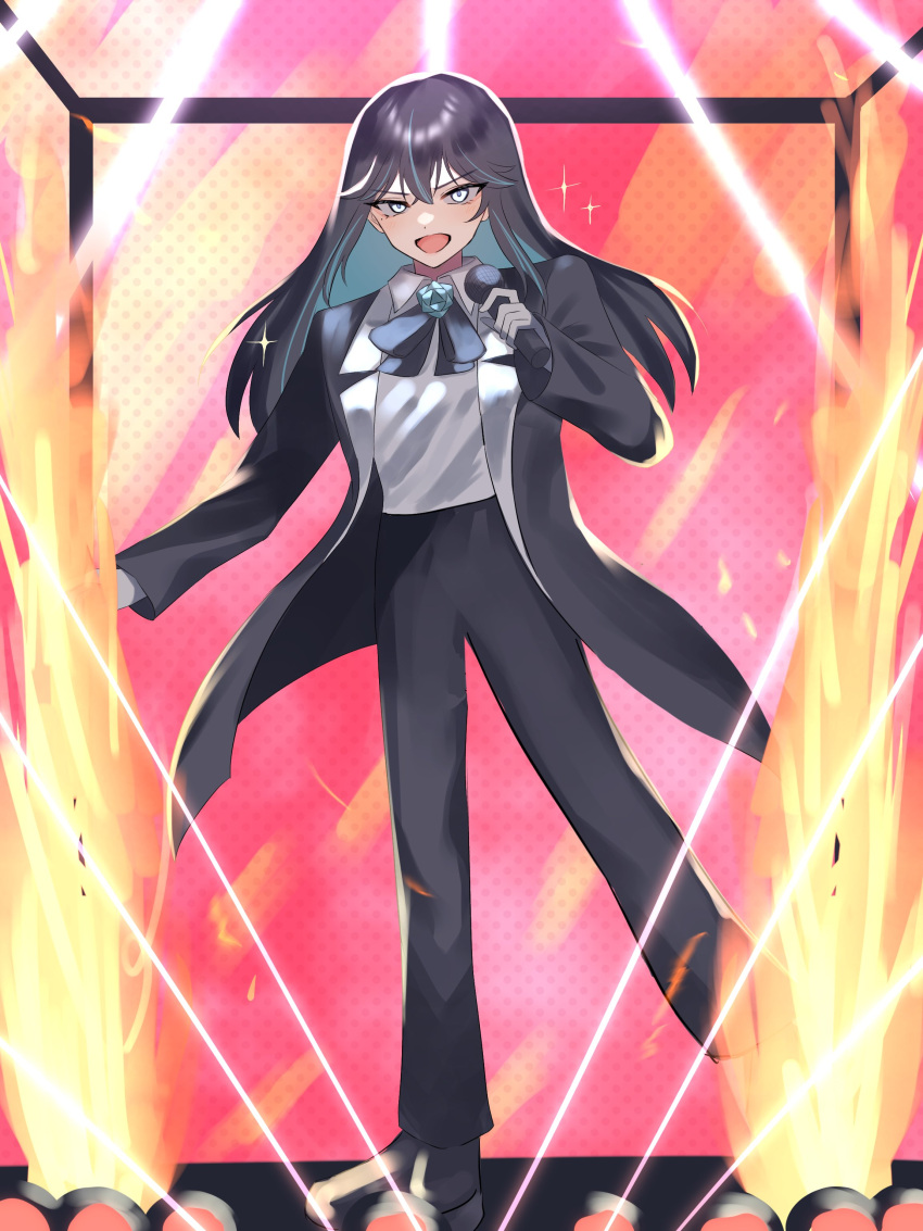 1girl absurdres ado_(utaite) black_bow black_bowtie black_coat black_footwear black_hair black_pants blue_flower blue_hair blue_rose bow bowtie chando_(ado) cloud_nine_inc coat collared_shirt colored_inner_hair commentary_request flower flower_brooch full_body gloves grey_gloves hair_between_eyes highres holding holding_microphone long_hair long_sleeves looking_at_viewer microphone mole mole_under_eye multicolored_hair open_clothes open_coat open_mouth pants rose shirt sidelocks solo sparkle tsukuno_tsuki two-tone_hair utaite violet_eyes white_shirt