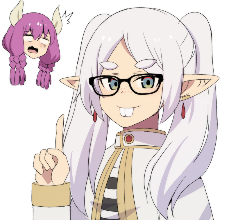 2girls ^^^ absurdres ackchyually_(meme) aura_(sousou_no_frieren) bespectacled black-framed_eyewear buck_teeth capelet commentary dangle_earrings duplicate earrings elf english_commentary frieren glasses gold_trim green_eyes highres hinghoi jewelry long_hair looking_at_viewer meme multiple_girls nerd_emoji parted_bangs pointing pointing_up pointy_ears simple_background smile sousou_no_frieren surprised teeth twintails white_background white_capelet white_hair