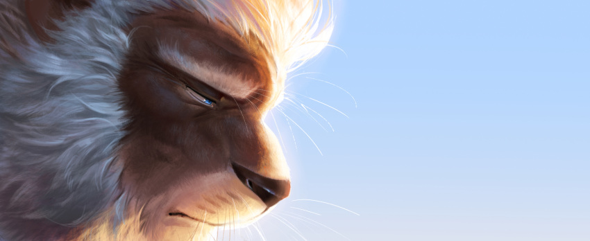 1boy animal_ears blue_eyes blue_sky clay_calloway english_commentary furry furry_male head_only highres lion_boy lion_ears lion_mane male_focus nviek5 old old_man sad sing_(movie) sing_2 sky whiskers