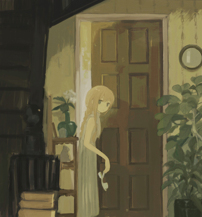 1girl braid braided_ponytail chair chisato_charme closed_mouth door dress feet_out_of_frame flower from_side grey_dress grey_eyes highres holding_sandals indoors long_hair looking_at_viewer looking_to_the_side original plant pleated_dress potted_plant sandals sidelocks sleeveless sleeveless_dress solo stairs standing turtleneck_dress unworn_sandals vase white_flower wide_shot