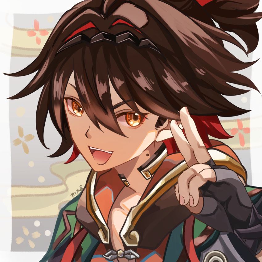 :d black_gloves brown_hair chinese_clothes fingerless_gloves gaming_(genshin_impact) genshin_impact gloves hair_between_eyes highres looking_at_viewer mole mole_on_neck open_mouth simple_background smile suika_(rios151794) teeth upper_body upper_teeth_only v