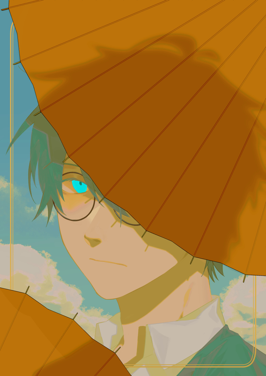 1boy absurdres blue_background blue_eyes closed_mouth clouds collared_shirt day glasses haori highres japanese_clothes koshotengai_no_hashihime looking_at_viewer male_focus oil-paper_umbrella one_eye_covered round_eyewear shirt shrount simple_background solo tamamori_(koshotengai_no_hashihime) umbrella white_shirt