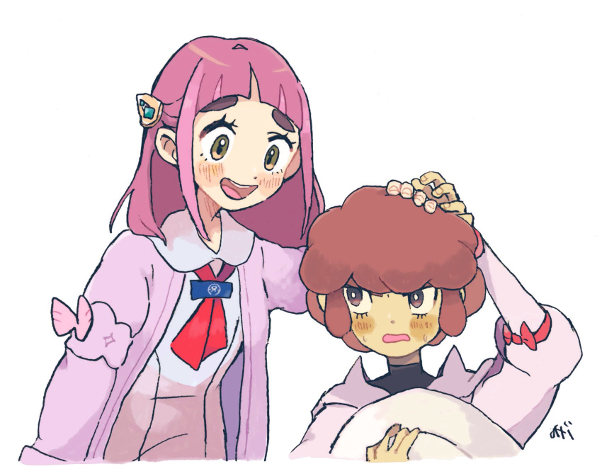 1boy 1girl ancestor_and_descendant arched_bangs blueberry_academy_school_uniform bright_pupils brown_eyes brown_hair cardigan coat eyelashes hair_ornament hairclip hat headpat highres holding hood konoooc lacey_(pokemon) lian_(pokemon) long_sleeves medium_hair open_cardigan open_clothes open_coat open_mouth pearl_clan_outfit pink_coat pink_hair pokemon pokemon_legends:_arceus pokemon_sv school_uniform shirt short_hair smile unworn_headwear white_headwear white_shirt yellow_eyes