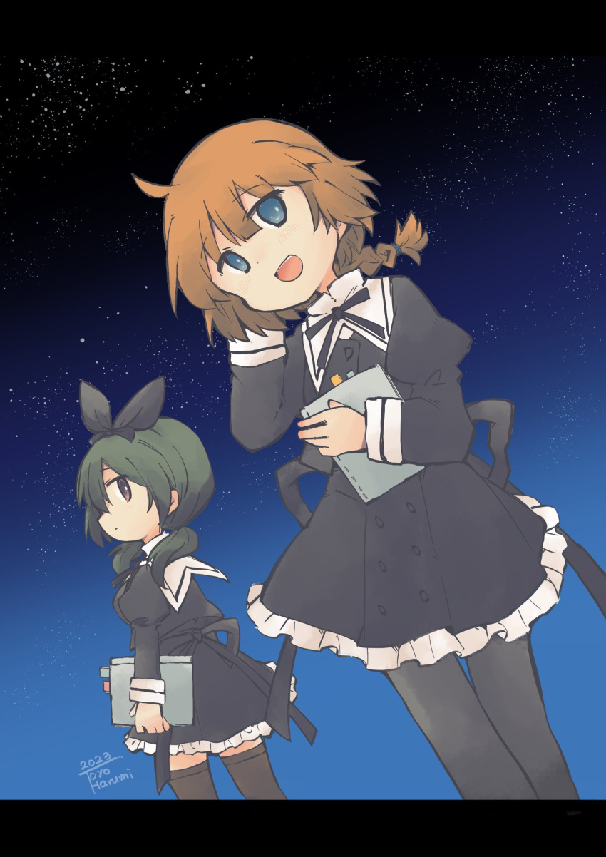 2girls :d ahoge arm_at_side artist_name assault_lily black_bow black_pantyhose black_skirt black_thighhighs blue_eyes blunt_bangs bow braid braided_ponytail brown_hair buttons commentary_request cropped_jacket dutch_angle feet_out_of_frame frilled_skirt frills futagawa_fumi green_hair hair_bow hand_in_own_hair hands_up high-waist_skirt highres holding holding_notebook juliet_sleeves letterboxed light_blush long_hair long_sleeves looking_at_viewer looking_to_the_side low_ponytail low_twintails miniskirt multiple_girls night night_sky notebook open_mouth outdoors pantyhose profile puffy_sleeves school_uniform short_twintails sideways_glance single_braid skirt sky smile standing star_(symbol) teeth thigh-highs toyo_(sameden46) twintails upper_teeth_only violet_eyes yamanashi_hibari yurigaoka_girls_academy_school_uniform zettai_ryouiki