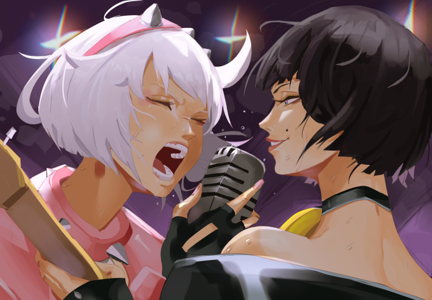 ahoge bare_shoulders black_gloves black_hair bracelet cheymix collar electric_guitar elphelt_valentine fingerless_gloves gloves guilty_gear guilty_gear_strive guilty_gear_xrd guitar hairband highres holding holding_microphone huge_ahoge i-no instrument jacket jewelry long_sleeves microphone mole mole_above_mouth open_mouth pink_hairband pink_jacket pink_nails red_lips short_hair smile spiked_bracelet spiked_collar spiked_hairband spikes violet_eyes white_hair