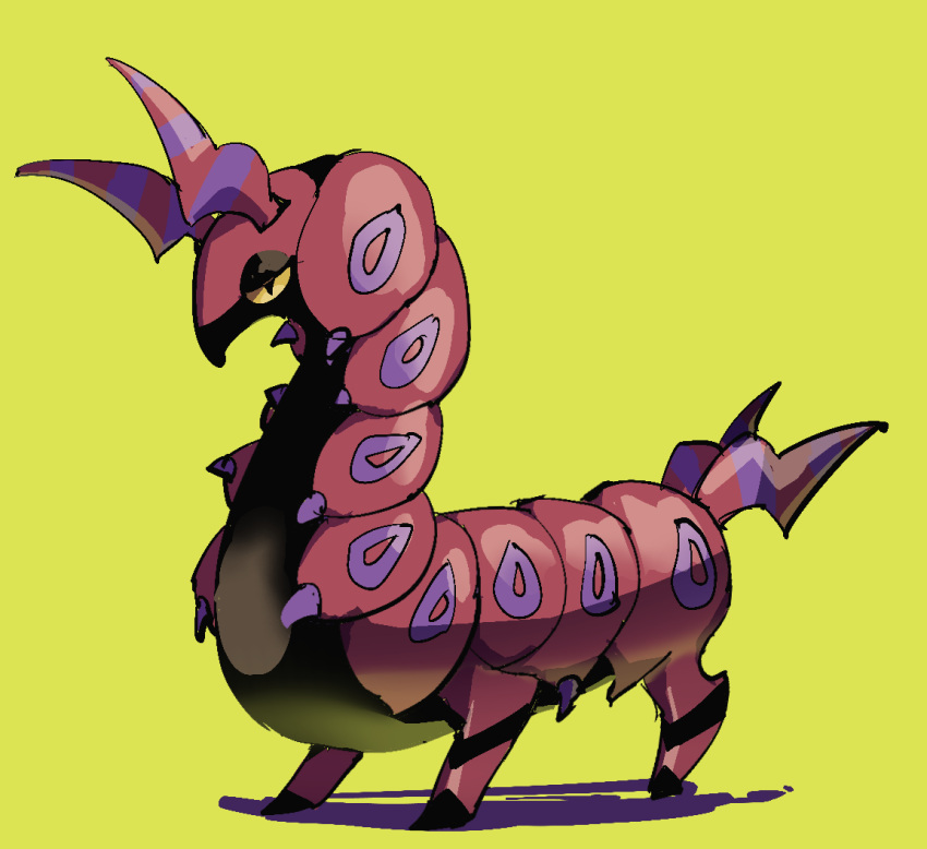 animal_focus black_eyes bug colored_sclera commentary full_body half-closed_eyes himurohiromu looking_at_viewer no_humans pokemon pokemon_(creature) scolipede simple_background solo standing yellow_background yellow_sclera