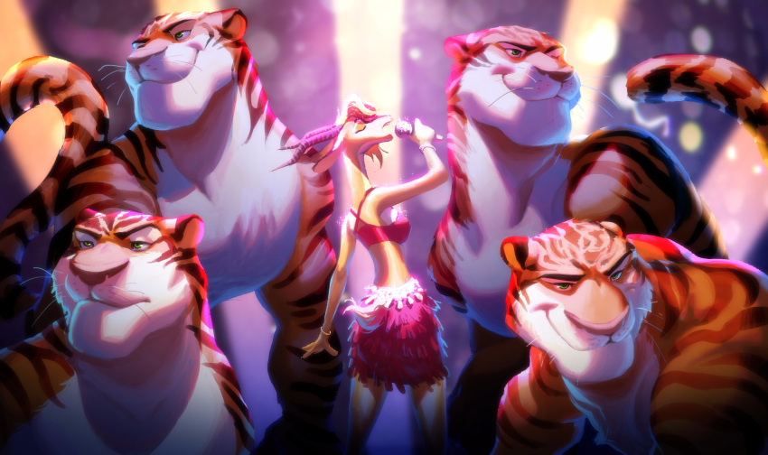 1girl 4boys absurdres animal_ears bracelet chinese_commentary closed_eyes commentary_request gazelle_(zootopia) gazelle_ears gazelle_girl gazelle_horns gazelle_tail highres holding holding_microphone jewelry looking_to_the_side microphone multiple_boys music nviek5 open_mouth singing smile spotlight tail tiger_boy tiger_ears tiger_stripes tiger_tail topless_male whiskers zootopia