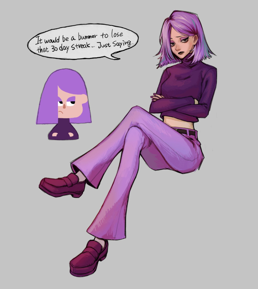 1girl blunt_ends crossed_arms crossed_legs duolingo english_text eyeshadow full_body highres lily_(duolingo) looking_at_viewer makeup medium_hair pants polearm purple_eyeshadow purple_hair purple_pants purple_sweater reference_inset short_hair spear sweater weapon y168y_iro