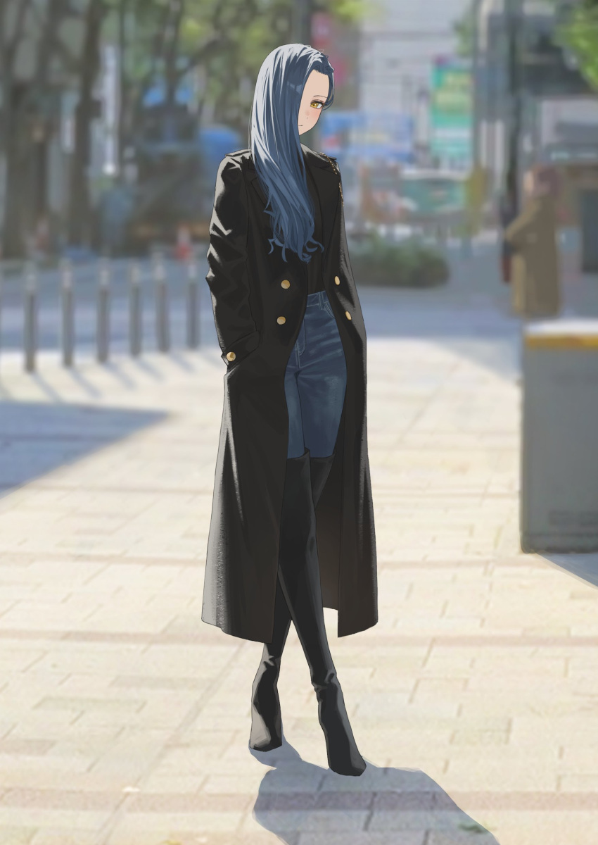 1girl absurdres blue_hair blurry blurry_background boots denim hair_over_one_eye hands_in_pockets hara_kenshi highres jeans kimishima_touka long_coat long_hair original outdoors pants solo thigh_boots yellow_eyes