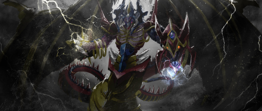 1other absurdres armityle_the_chaos_phantom asaki_(asaki_vision) clouds cloudy_sky demon demon_horns demon_wings duel_monster highres horns lightning multiple_heads multiple_mouths sky tail wings yu-gi-oh!