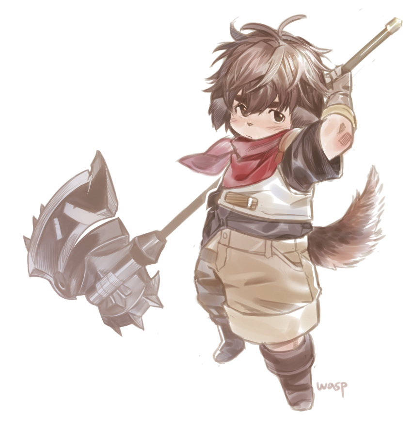 1boy absurdres animal_ears artist_name axe bandana bandana_around_neck brown_footwear brown_gloves brown_shorts dog_boy dog_ears dog_tail furry furry_male gloves highres holding holding_axe holding_polearm holding_weapon looking_at_viewer lord_of_heroes male_focus polearm red_bandana schneider_(lord_of_heroes) shorts tail wasp_(anthyutena) weapon weapon_behind_back white_background