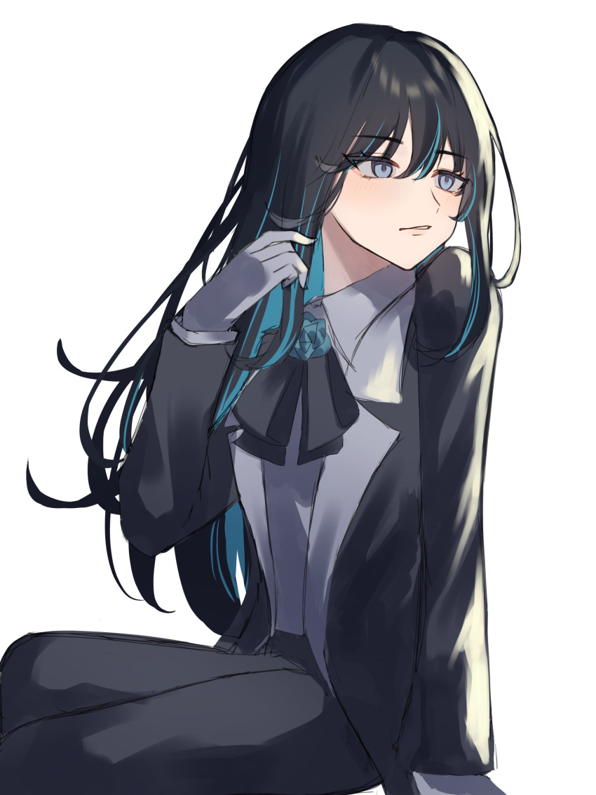 1girl absurdres ado_(utaite) arm_support black_bow black_bowtie black_hair black_jacket black_pants blue_eyes blue_flower blue_hair blue_rose blush bow bowtie chando_(ado) cloud_nine_inc collared_shirt colored_inner_hair commentary flower flower_brooch gloves hair_between_eyes highres invisible_chair jacket long_hair long_sleeves multicolored_hair open_clothes open_jacket pants parted_lips rose shirt sidelocks sitting solo tsukuno_tsuki two-tone_hair utaite white_gloves white_shirt