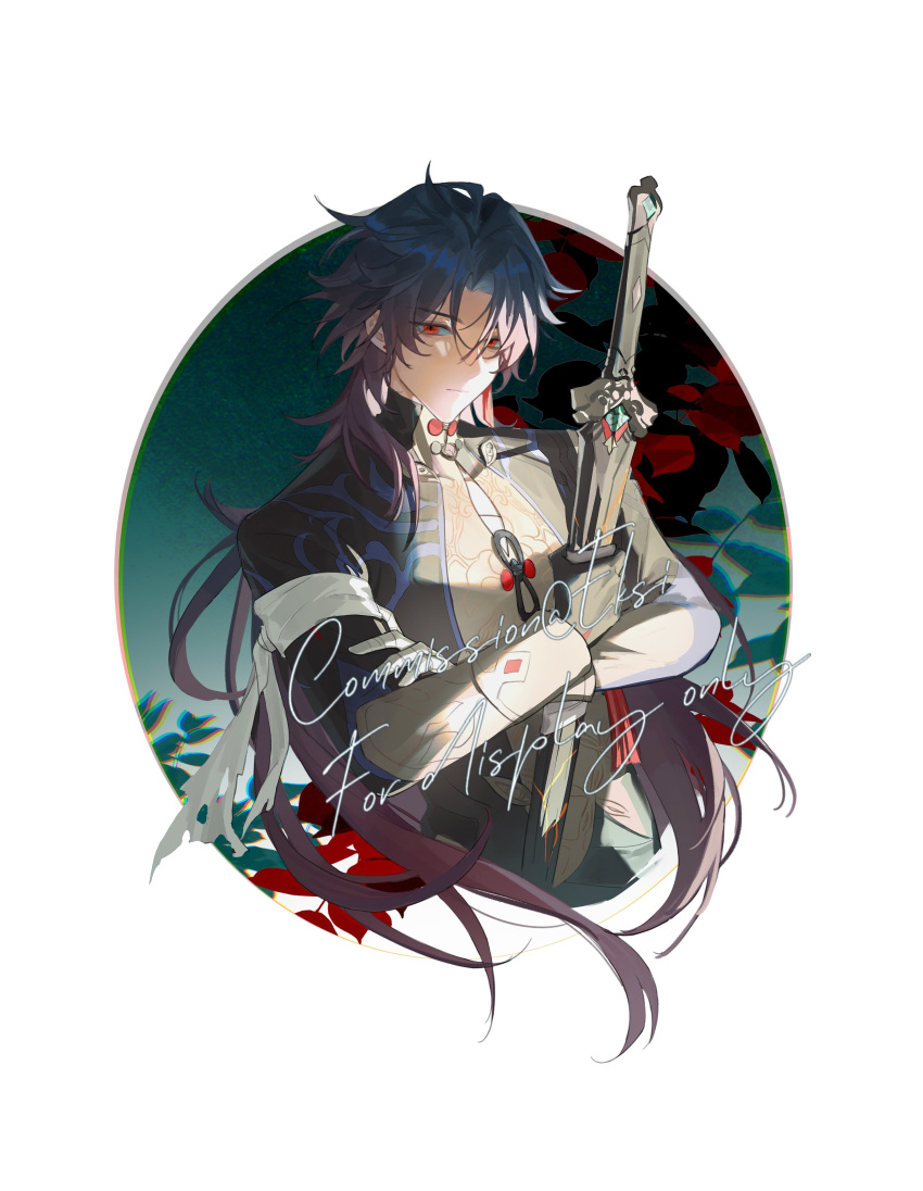 1boy absurdres ahoge bandaged_arm bandages black_coat blade_(honkai:_star_rail) blue_hair border button_gap chromatic_aberration closed_mouth coat collared_coat collared_shirt commission crossed_arms eksi648870681 english_text flower gradient_hair hashtag_only_commentary highres holding holding_sword holding_weapon honkai:_star_rail honkai_(series) looking_at_viewer male_focus mandarin_collar multicolored_hair open_clothes open_coat outside_border parted_bangs red_eyes red_flower shirt simple_background sleeve_cuffs solo sword weapon white_background white_border yellow_shirt