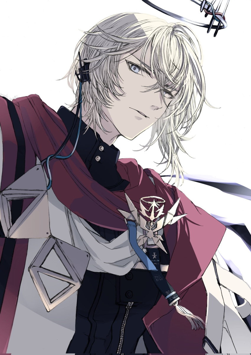 1boy arknights black_halo black_jacket black_wings blue_eyes buttons cable cloak commentary_request crossed_bangs detached_wings dutch_angle earpiece executor_(arknights) executor_the_ex_foedere_(arknights) expressionless eyelashes from_below from_side grey_hair hair_between_eyes hair_over_one_eye halo high_collar highres jacket layered_clothes long_bangs looking_at_viewer looking_down male_focus mechanical_halo mechanical_wings medal messy_hair mtmt_mugi pale_color parted_lips red_cloak short_hair simple_background solo standing turtleneck turtleneck_jacket upper_body white_background white_cloak wings zipper zipper_pull_tab