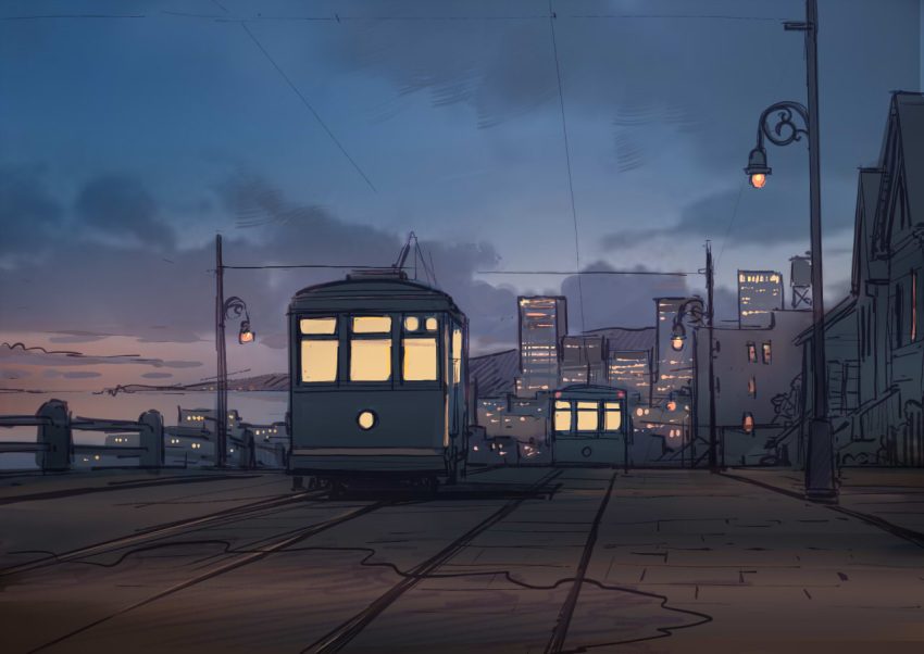 architecture building cable city cityscape clouds cloudy_sky dusk evening guard_rail house lamppost lights mountain no_humans original railroad_tracks road scenery seo_tatsuya sketch sky streetcar translation_request vehicle_focus