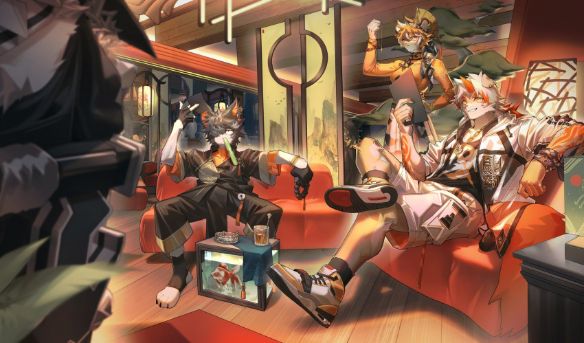 1girl 4boys aak_(arknights) animal_ears arknights ashtray baizelangtai_(hallyswift) black_coat black_headwear chinese_clothes cigarette_butt coat colored_tips couch crossed_legs dragon_boy english_commentary fish furry furry_female furry_male glass goldfish highres holding holding_paper horns hung_(arknights) lee_(arknights) looking_at_another looking_at_object mountain_(arknights) multicolored_hair multiple_boys paper single_horn sitting spread_legs standing stirrer tiger_boy tiger_ears tiger_girl tiger_stripes waai_fu_(arknights)