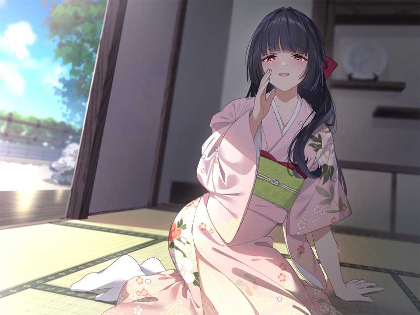 1girl arm_support blue_sky blunt_bangs blush clouds day hair_over_shoulder hair_ribbon highres indoors japanese_clothes kimono long_hair looking_at_viewer obi open_mouth original plate ribbon rock sash shelf sky smile socks solo takeko_spla tatami tree white_socks wide_sleeves
