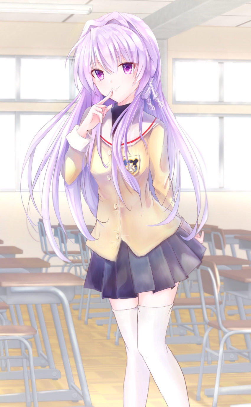 1girl arm_behind_back black_skirt blazer clannad classroom closed_mouth commentary feet_out_of_frame finger_to_mouth floating_hair fujibayashi_kyou hair_between_eyes hair_intakes hair_ribbon hand_up highres hikarizaka_private_high_school_uniform index_finger_raised indoors jacket light_blush long_hair long_sleeves looking_at_viewer miniskirt oramikainu pleated_skirt purple_hair ribbon sailor_collar school_uniform sidelocks skirt smile solo standing straight_hair thigh-highs tress_ribbon turtleneck very_long_hair violet_eyes white_ribbon white_sailor_collar white_thighhighs yellow_jacket zettai_ryouiki