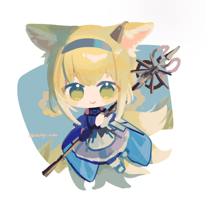 1girl animal_ears arknights blonde_hair blue_hairband blush braid braided_hair_rings chibi closed_mouth commentary dress earpiece fox_ears fox_girl fox_tail full_body green_eyes hairband highres holding holding_staff kitsune kyuubi looking_at_viewer moty multiple_tails purple_dress signature smile solo staff suzuran_(arknights) tail twin_braids