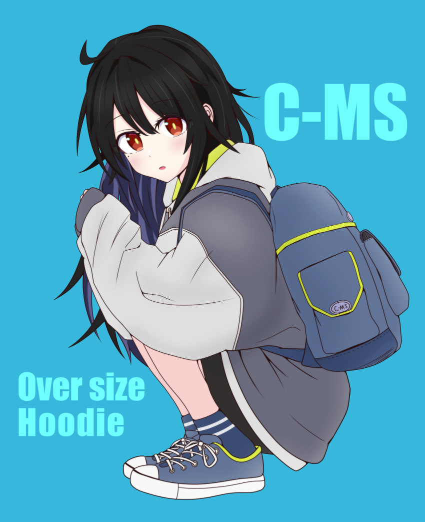 1girl air alternate_costume bag c-ms_(girls'_frontline) character_name girls_frontline gotoo highres jacket long_hair looking_at_viewer mole mole_under_eye red_eyes shoes sneakers squatting