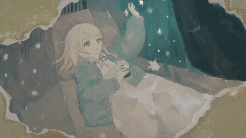 1girl arm_up blonde_hair blue_cardigan blue_eyes blue_ribbon cardigan chisato_charme commentary dress expressionless feet_out_of_frame flower hand_on_own_stomach head_on_pillow highres holding lily_(flower) long_hair long_sleeves looking_up lying neck_ribbon on_back on_bed open_cardigan open_clothes original parted_lips puffy_long_sleeves puffy_sleeves ribbon snow_globe snowing solo symbol-only_commentary tearing_paper white_dress white_flower