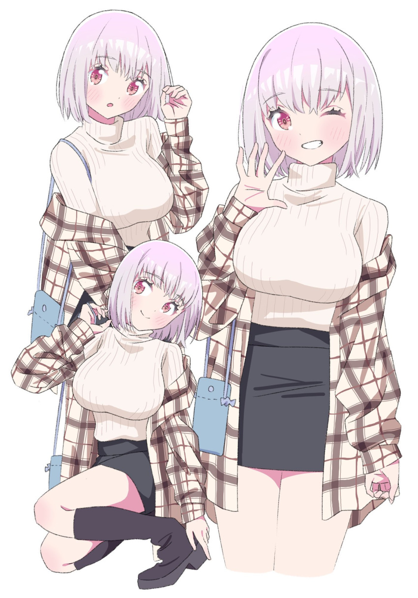 1girl blush breasts collared_shirt gridman_universe gridman_universe_(film) highres jacket large_breasts long_sleeves looking_at_viewer off_shoulder official_alternate_costume one_eye_closed open_mouth pink_hair red_eyes shinjou_akane shirt sho_(shoshos_8888) short_hair skirt smile