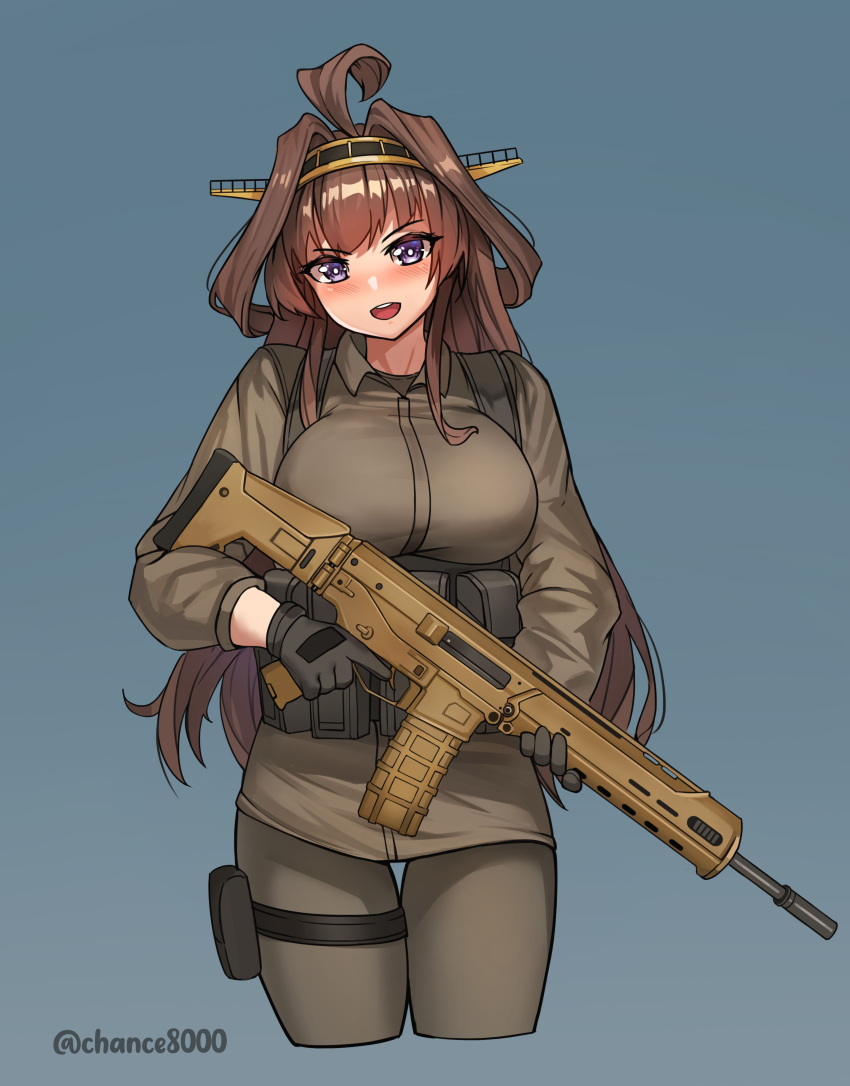1girl absurdres ahoge alternate_costume battle_rifle blue_background breasts brown_hair brown_jacket brown_pants chance8000 double_bun gloves grey_gloves gun hair_bun hairband headgear highres holding holding_gun holding_weapon jacket kantai_collection kongou_(kancolle) kongou_kai_ni_(kancolle) large_breasts load_bearing_vest long_hair long_sleeves looking_at_viewer magazine_(weapon) open_mouth pants rifle round_teeth solo teeth thigh_strap upper_teeth_only very_long_hair violet_eyes weapon