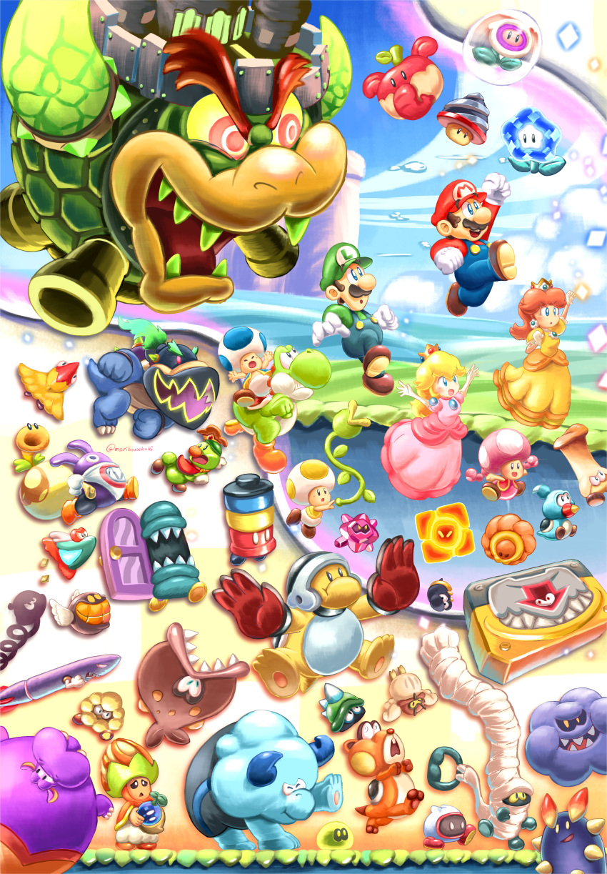 3girls 4boys :d :o absurdres anglefish_(mario) arm_up armad_(mario) arms_up artist_name bandages bandana bird black_headwear blewbird blonde_hair blue_eyes blue_overalls blue_pants blue_sky blue_toad_(mario) blue_vest blush bowser bowser_jr. brothers brown_footwear brown_hair bubble bubble_flower bulrush_(mario) castle_bowser claws clenched_hands clenched_teeth clouds commentary condart crown day door dress drill_mushroom earrings elbow_gloves elephant_fruit english_commentary erin_(mario) facial_hair fish flower flower_earrings gloves gnawsher green_headwear green_shirt grin hair_between_eyes hanabihei hat helmet highres holding holding_sack hoppo_(mario) hoppycat horns hot-hot_rock houhou_(mario) jewelry jumping konk_(mario) long_hair long_sleeves luigi maribou_(supermaribou) mario medium_hair mini_crown missile missile_meg morocon moving_door_(mario) multiple_boys multiple_girls mumsie mustache nabbit open_mouth orange_dress outmaway_(mario) overalls pants pink_dress poplin_(mario) prince_florian princess_daisy princess_peach puffy_short_sleeves puffy_sleeves raised_eyebrows red_headwear red_shirt riding rrrumba running sack scared sharp_teeth shirt shoes short_hair short_sleeves shova siblings skedaddler sky smackerel smile smogrin solid_oval_eyes spikes sproing_(mario) sugarstar_(mario) super_mario_bros. super_mario_bros._wonder talking_flower_(mario) teeth toad_(mario) toadette triangle_mouth twitter_username upper_teeth_only v-shaped_eyebrows vest warp_pipe white_bandana white_eyes white_gloves wings wonder_bowser_jr. wonder_flower wonder_seed wubba_(mario) yellow_eyes yellow_toad_(mario) yellow_vest yoshi