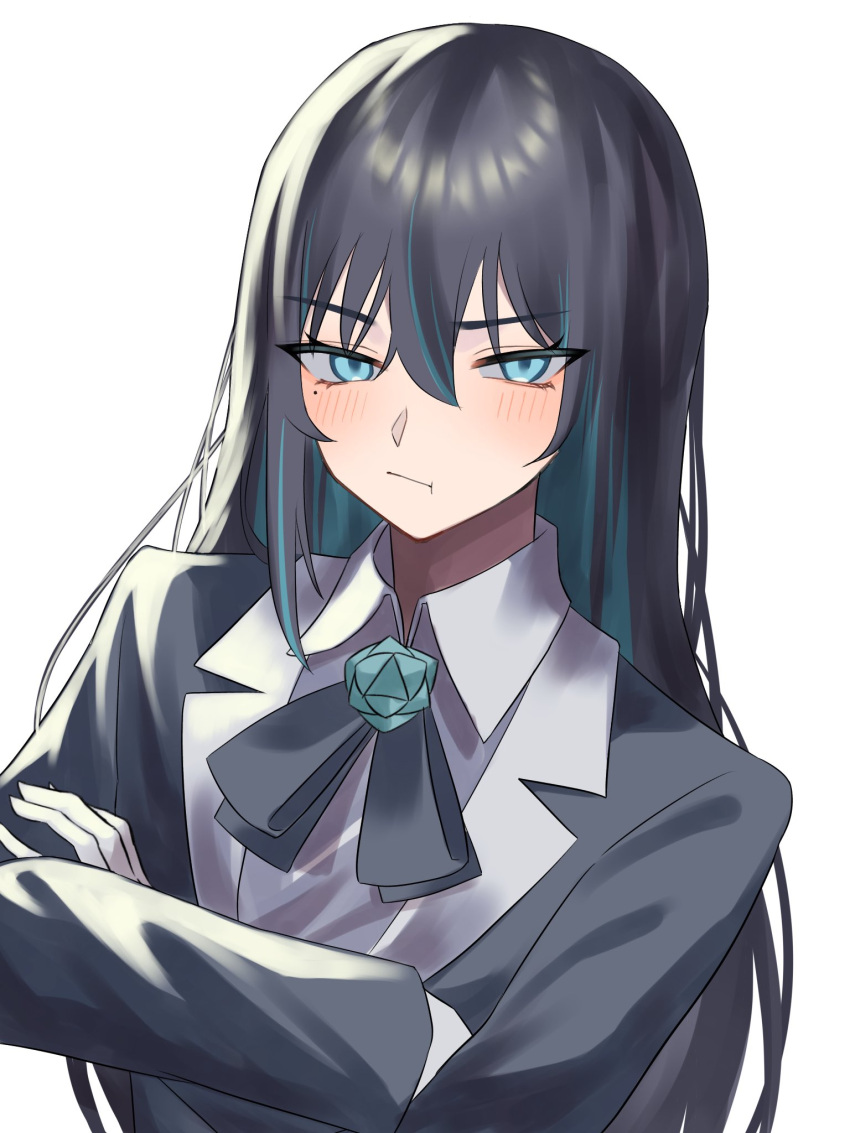 1girl ado_(utaite) black_bow black_bowtie black_hair black_jacket blue_eyes blue_flower blue_hair blue_rose blush bow bowtie chando_(ado) closed_mouth cloud_nine_inc collared_shirt colored_inner_hair commentary crossed_arms flower flower_brooch gloves grey_background hair_between_eyes highres jacket long_hair long_sleeves looking_at_viewer mole mole_under_eye multicolored_hair pout rose shirt sidelocks simple_background solo tsukuno_tsuki two-tone_hair upper_body utaite white_gloves white_shirt