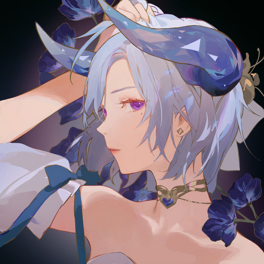 1girl arm_up blue_bow blue_flower blue_gemstone blue_hair blue_horns blue_ribbon bow closed_mouth commentary curled_horns detached_sleeves earrings english_commentary flower gem gold_choker grey_sleeves hair_bow hand_in_own_hair highres horns jewelry lips looking_at_viewer looking_to_the_side mole mole_under_eye original parted_bangs portrait ribbon short_hair solo stud_earrings violet_eyes white_bow yueko_(jiayue_wu)