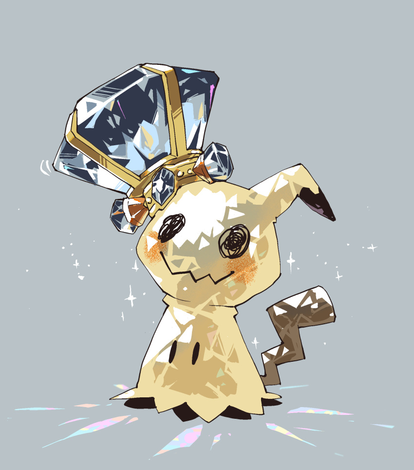 animal_focus black_eyes blue_gemstone commentary crown full_body gem grey_background highres himurohiromu mimikyu no_humans pokemon pokemon_(creature) simple_background solid_oval_eyes solo sparkle standing tilted_headwear