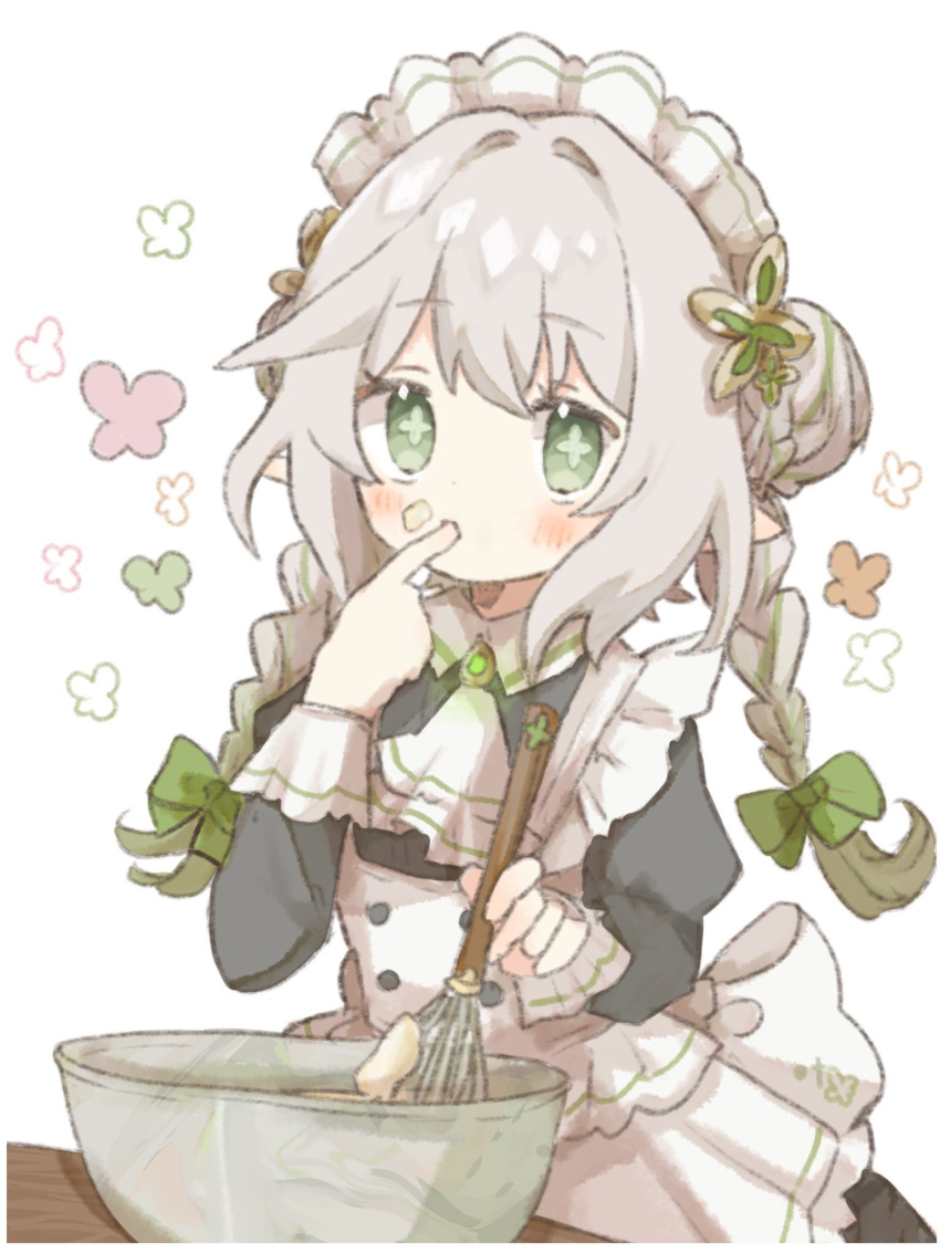 1girl alternate_costume alternate_hairstyle apron ascot black_dress blush bow bowl braid buttons collared_dress commentary_request cross-shaped_pupils double_bun dress enmaided eyelashes finger_to_mouth food food_on_face frilled_apron frills genshin_impact green_bow green_eyes green_hair hair_between_eyes hair_bow hair_bun hair_intakes hair_ornament hand_up highres holding holding_whisk index_finger_raised juliet_sleeves long_hair long_sleeves looking_at_viewer maid maid_headdress mixing_bowl mugi062 multicolored_hair nahida_(genshin_impact) pointy_ears puffy_sleeves sidelocks simple_background sleeve_cuffs solo streaked_hair symbol-shaped_pupils tasting twin_braids whisk white_apron white_ascot white_background white_hair wing_collar