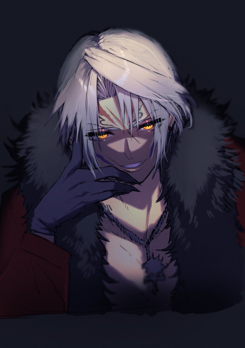 1other ah_yoshimizu alternate_universe black_background black_fur black_gloves claws commentary cropped_torso evil_grin evil_smile facial_mark final_fantasy final_fantasy_viii forehead_mark fur_trim gloves glowing glowing_eyes grey_hair grin half-closed_eyes hand_on_own_face highres jacket jewelry long_sleeves necklace open_clothes open_jacket possessed red_jacket scar scar_on_face short_hair smile spotlight squall_leonhart ultimecia upper_body yellow_eyes