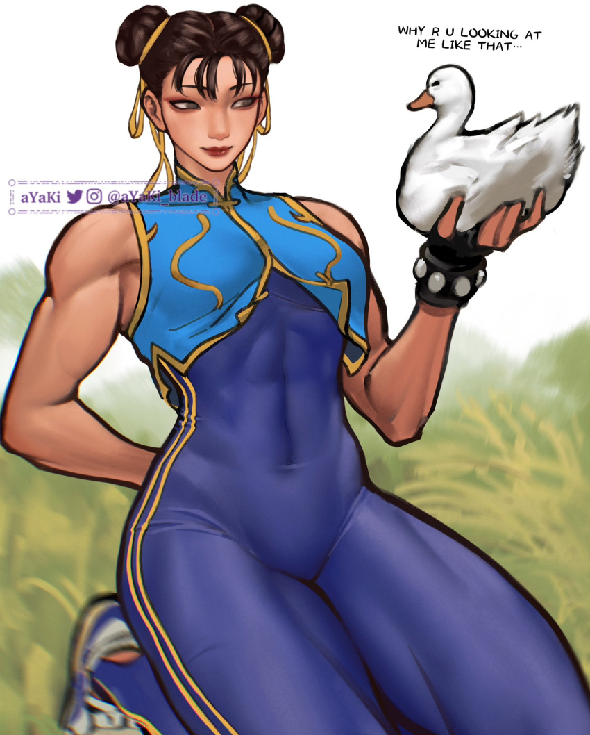 1girl animal arm_behind_back ayaki_d bird black_gloves blue_bodysuit bodysuit bracelet breasts brown_hair chun-li commentary_request covered_abs covered_navel double_bun duck english_text fingerless_gloves gloves grass grey_eyes hair_bun hair_ribbon highres holding holding_animal jewelry paid_reward_available ribbon seiza shoes sitting small_breasts smile sneakers street_fighter street_fighter_zero_(series) toned watermark