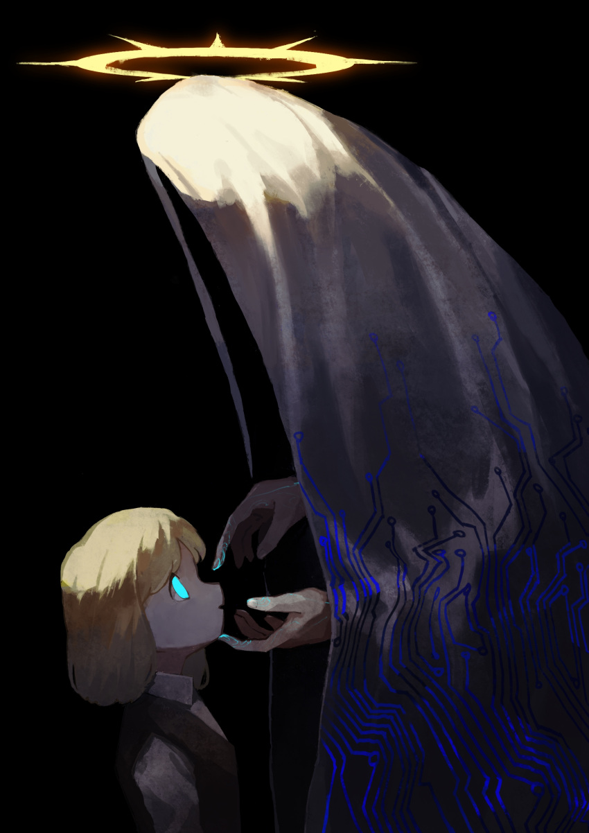 2girls absurdres black_background blonde_hair body_markings brown_vest cloak collared_shirt commentary_request from_side glowing glowing_eyes green_eyes grey_cloak halo highres himurohiromu medium_hair multiple_girls no_pupils open_mouth original print_cloak shirt vest