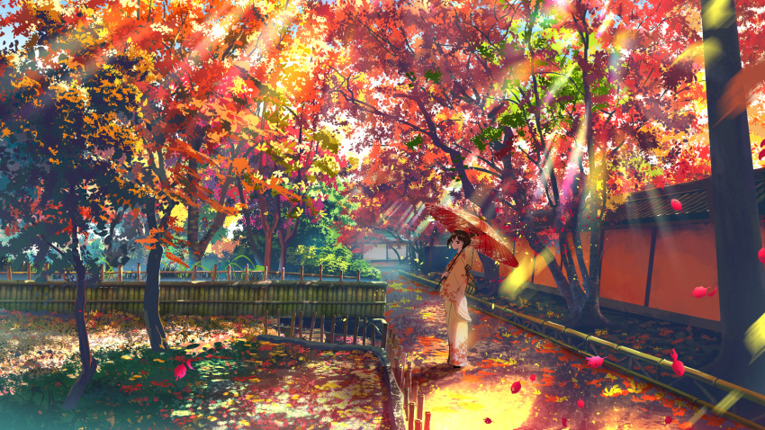 1girl autumn autumn_leaves black_hair blurry commentary_request day depth_of_field fence garden highres japanese_clothes kimono leaf light_rays looking_at_viewer maple_leaf oil-paper_umbrella original outdoors scenery smile_(qd4nsvik) solo standing sunbeam sunlight tree umbrella wide_sleeves