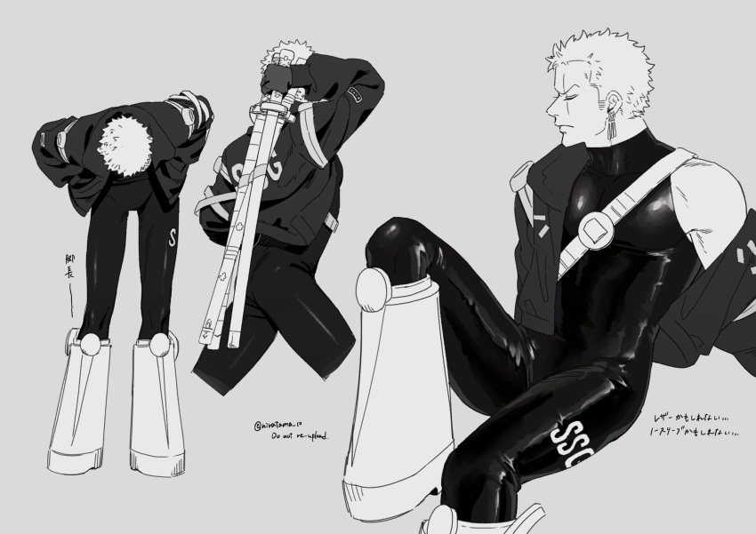 1boy ass feet_out_of_frame fighting_stance greyscale highres leaning_forward looking_ahead male_focus monochrome multiple_views niratama_10 official_alternate_costume one_piece profile ready_to_draw roronoa_zoro scar scar_across_eye sheath sheathed short_hair sitting thighs toned