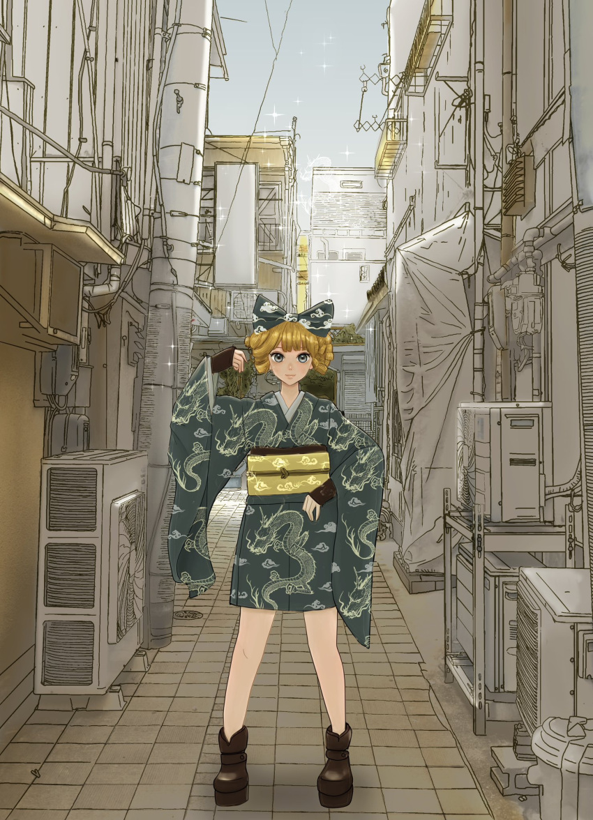 1girl air_conditioner blonde_hair boots bow brown_footwear building chinese_zodiac dragon_print full_body green_bow green_eyes green_kimono hair_bow highres house japanese_clothes kimono looking_at_viewer obi original outdoors print_bow road sash short_kimono solo standing street tanuuuuu3 tile_floor tiles utility_pole wide_sleeves wire year_of_the_dragon yellow_sash
